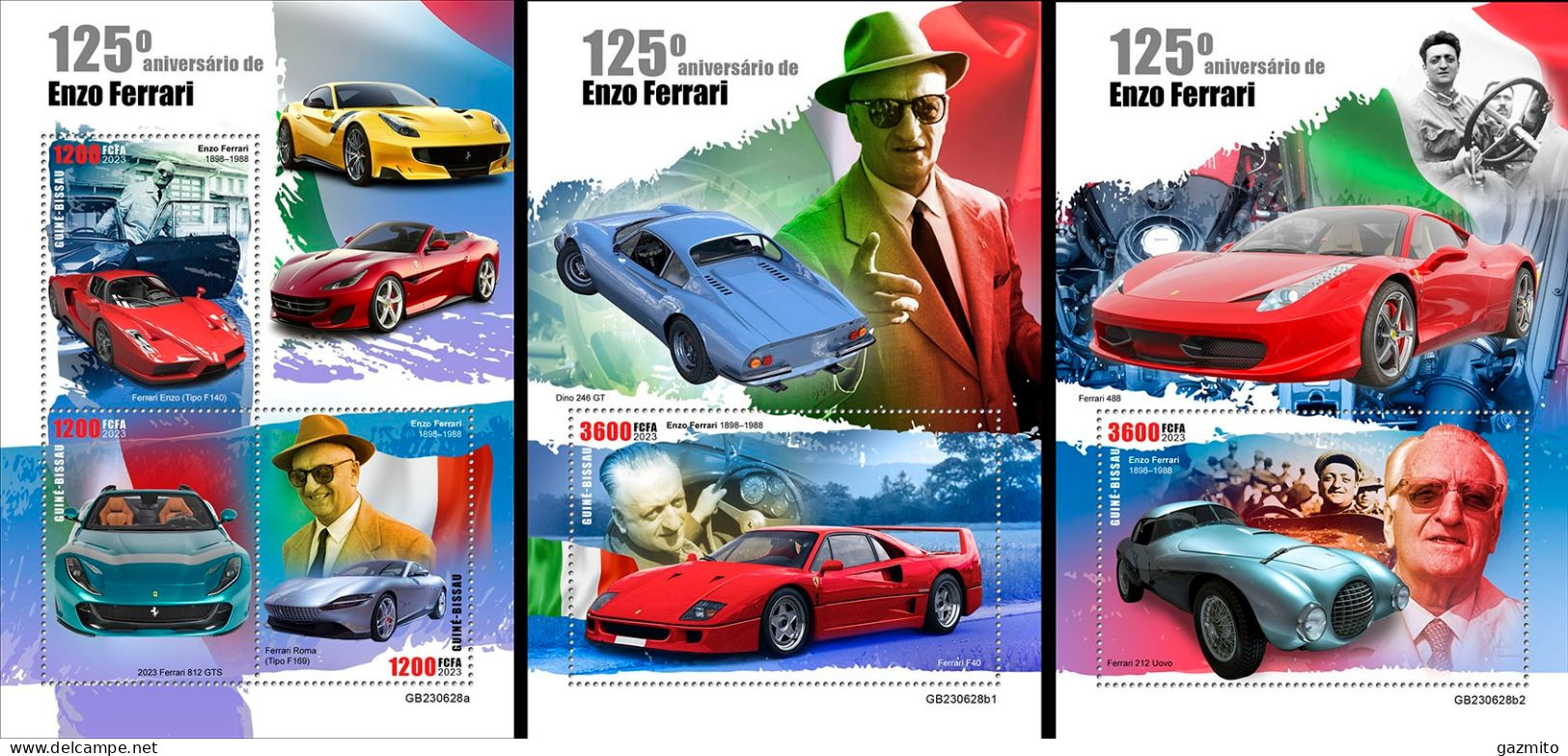Guinea Bissau 2023, 125th Enzo Ferrari, 3val In BF +2BF - Briefmarken