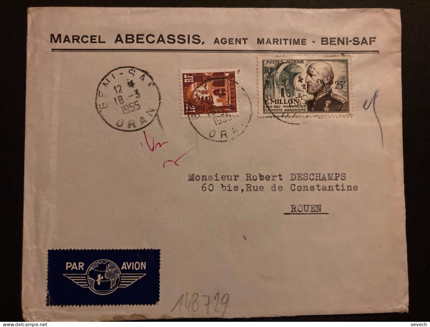LETTRE MARCEL ABECASSIS AGENT MARITIME TP MILLON 25F + 12F OBL.18-3 1955 BENI-SAF ORAN - Brieven En Documenten