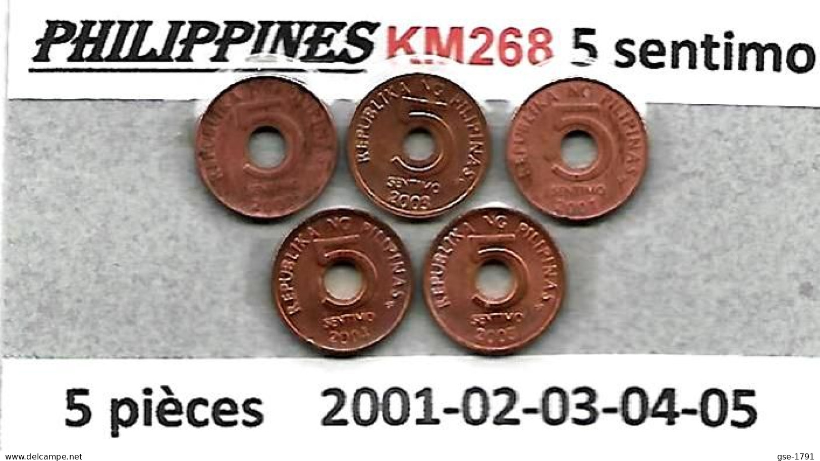 PHILIPPINES  Réforme Coinnage, 5 Sentimos, KM 268, Série  5 Pièces 2001-2002-2003-2004-2005 - Philippinen