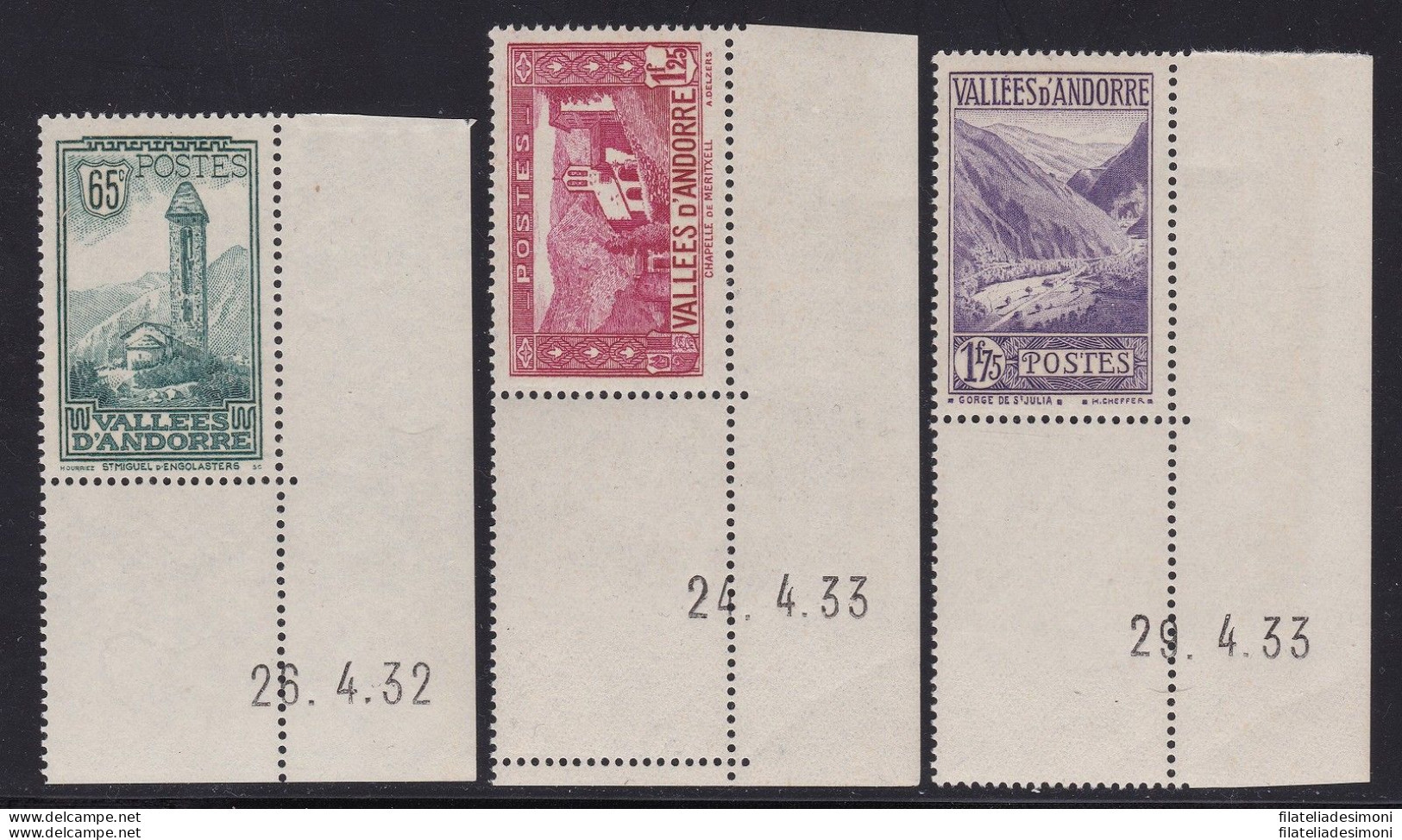 1932-33 ANDORRA FRANCESE,  N° 36/39A/40A  3 Valori  MNH/** SPLENDIDI - Andere & Zonder Classificatie