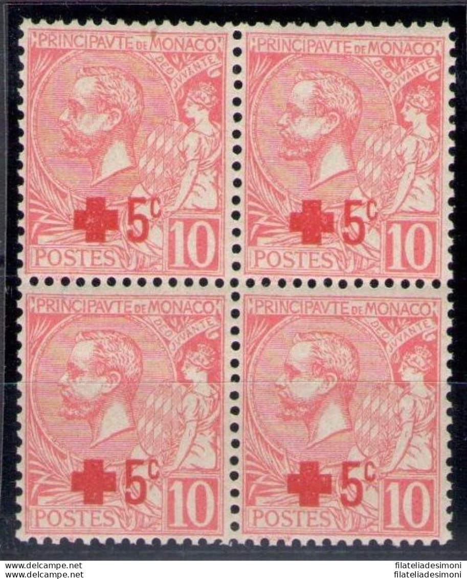 1914 Monaco Croce Rossa Quartina 5c Su 10 C Rosa N. 26 MNH/** - Other & Unclassified