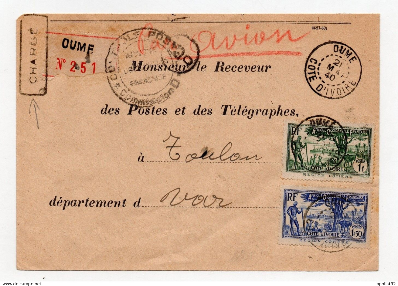 !!! RARE LETTRE CHARGEE DE COTE D'IVOIRE, CACHET DE DUME DE 1940, POUR LA FRANCE - Briefe U. Dokumente