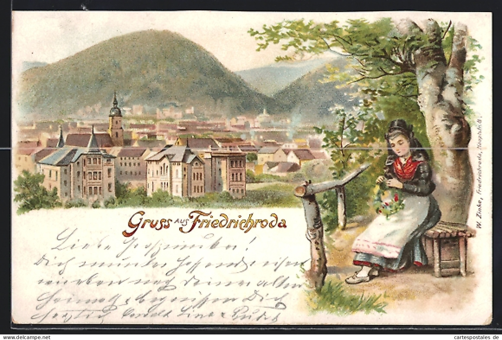 Lithographie Friedrichroda, Panorama Mit Mädchen Welches Einen Blumenkranz Macht  - Friedrichroda