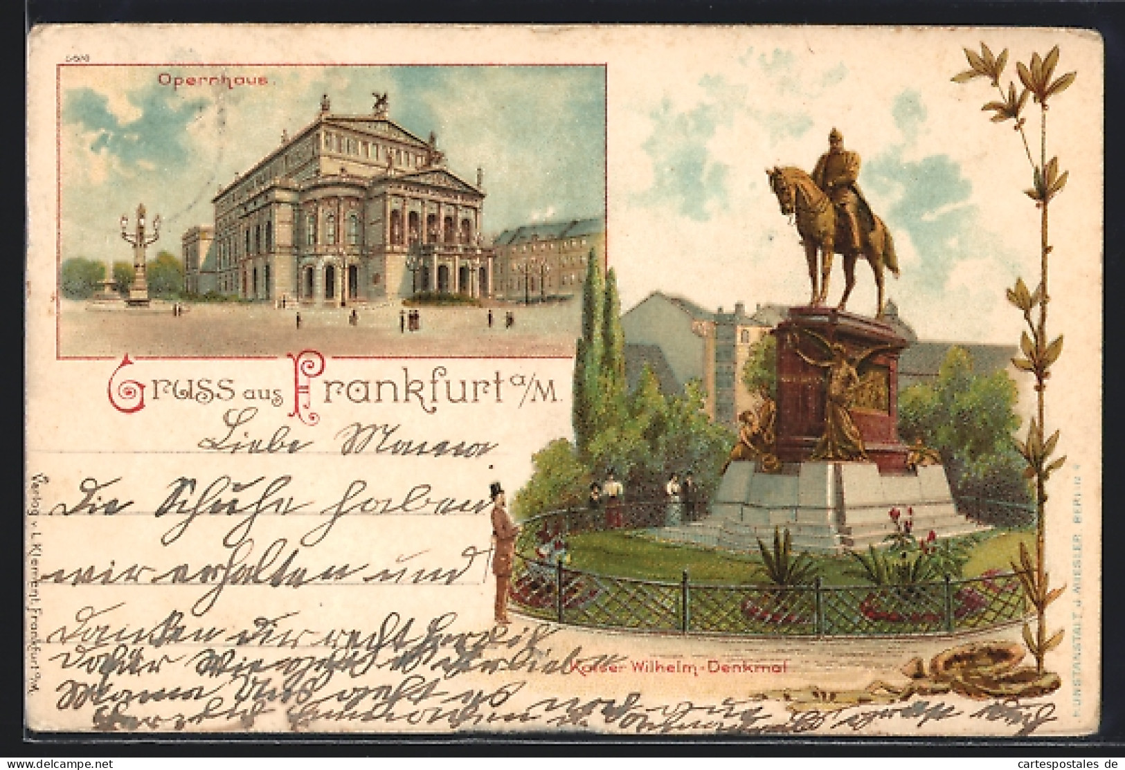 Lithographie Frankfurt /Main, Blick Zum Opernhaus Und Kaiser-Wilhelm-Denkmal  - Frankfurt A. Main