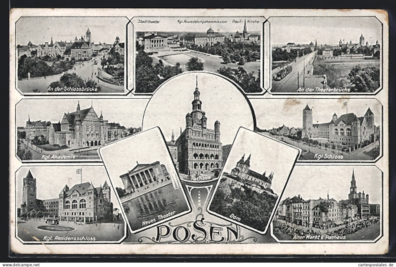 AK Posen-Poznan, Rathaus, Neues Theater, Dom, Schloss, Theaterbrücke, Akademie  - Posen