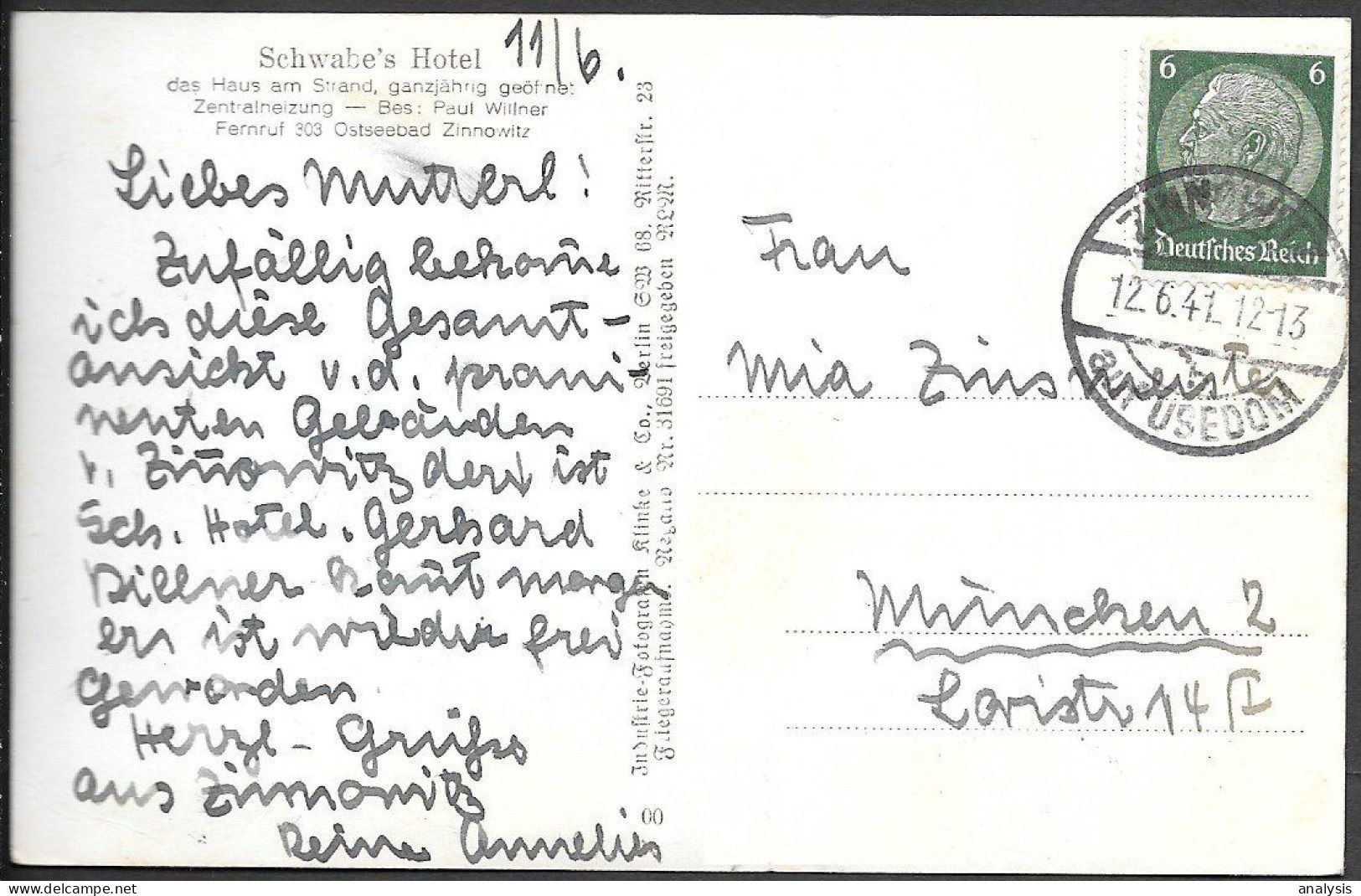 Germany Usedom Island Zinnowitz Schwabe Hotel Old Real Photo PC 1941 Mailed - Zinnowitz