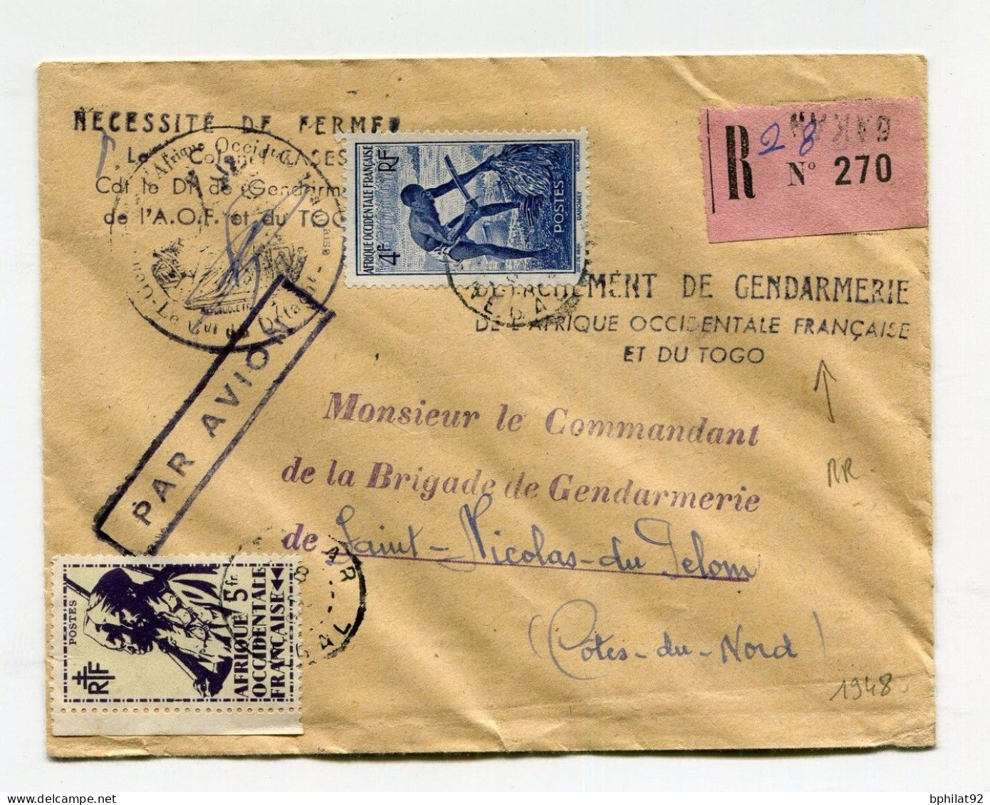 !!! LETTRE RECO DE 1948 AVEC RARE CACHET "DETACHEMENT DE GENDARMERIE DE L'AOF ET DU TOGO" - Brieven En Documenten