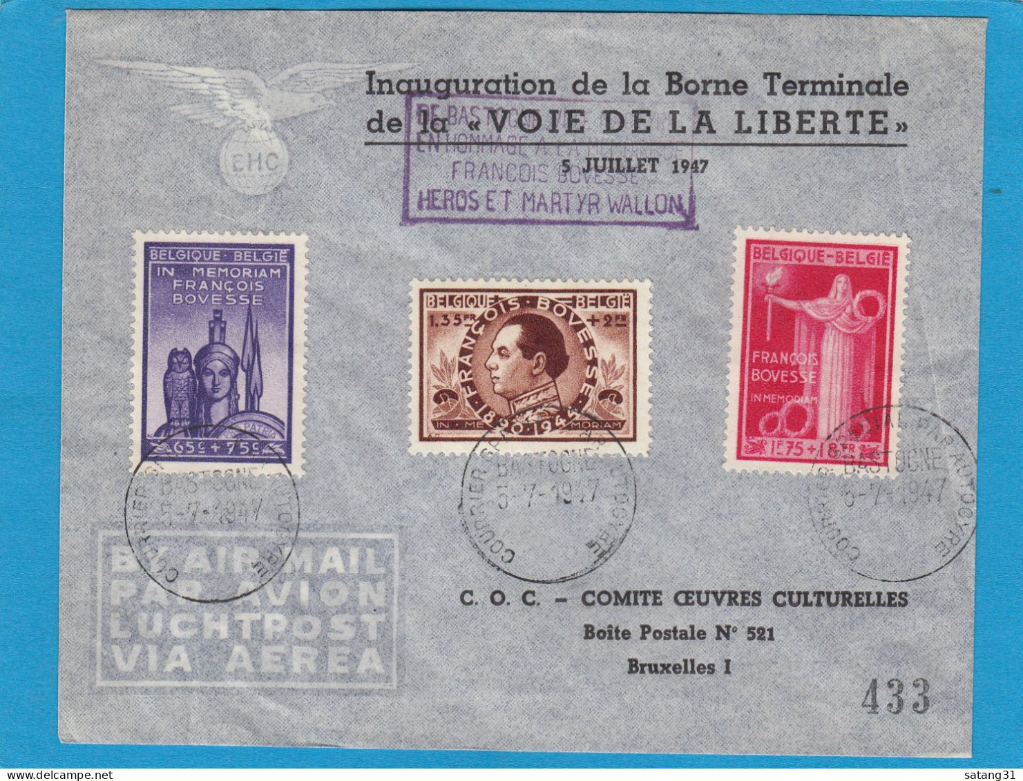 " VOIE DE LA LIBERTE " COB 734/736 " BASTOGNE COURRIER PAR AUTOGYRE ". - Lettres & Documents
