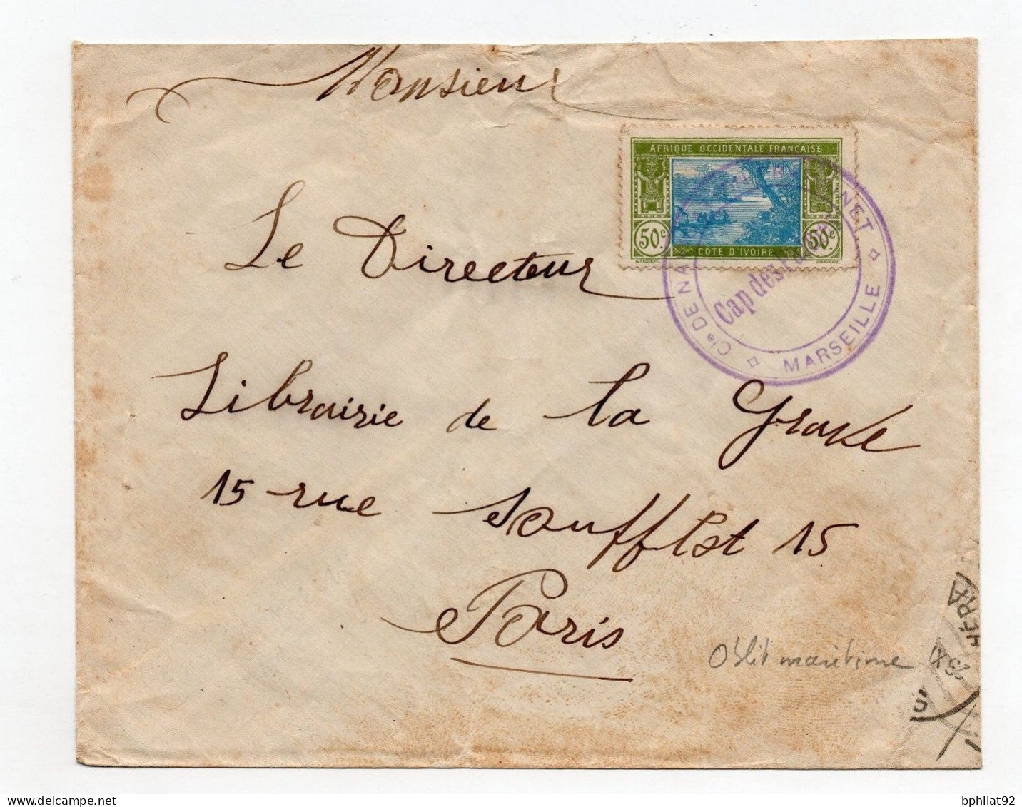 !!! COTE D'IVOIRE, LETTRE DE 1936 POUR PARIS AVEC CACHET MARITIME CAP DES PALMES - Lettres & Documents