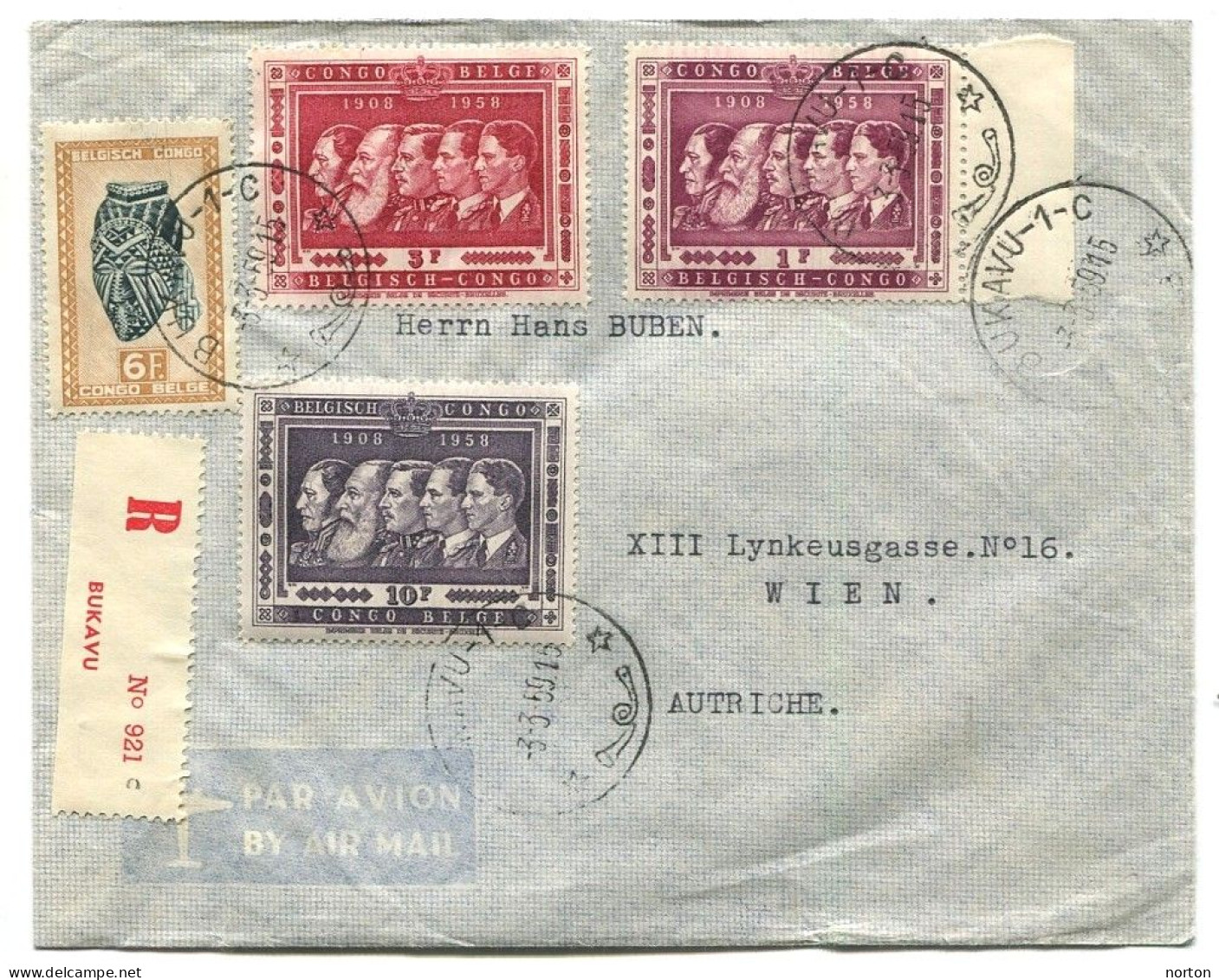 Congo Bukavu 1 Oblit. Keach 10(-C) Sur C.O.B. 291+344+346+349 Sur Lettre Recommandée Vers Vienne Le 03/03/1959 - Covers & Documents