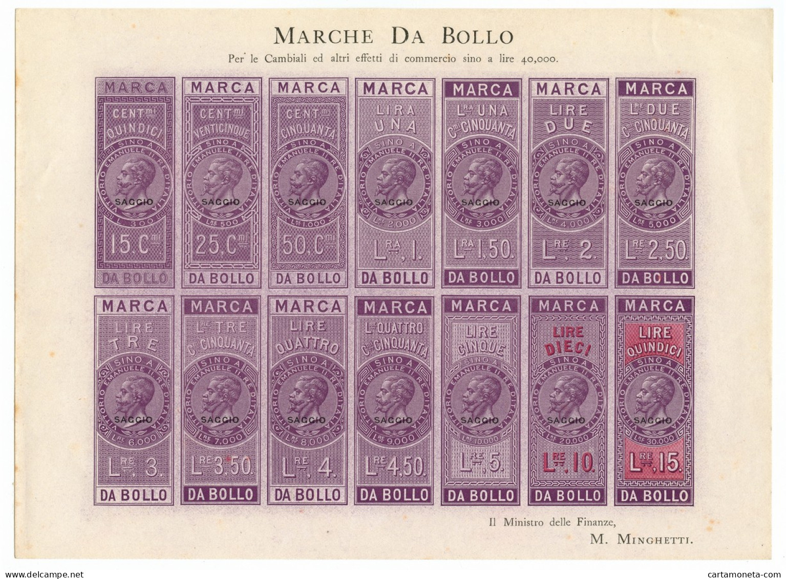 FOGLIO INTERO 14 MARCHE DA BOLLO "SAGGIO" VITTORIO EMANUELE II 1863 SUP - [ 7] Errors & Varieties