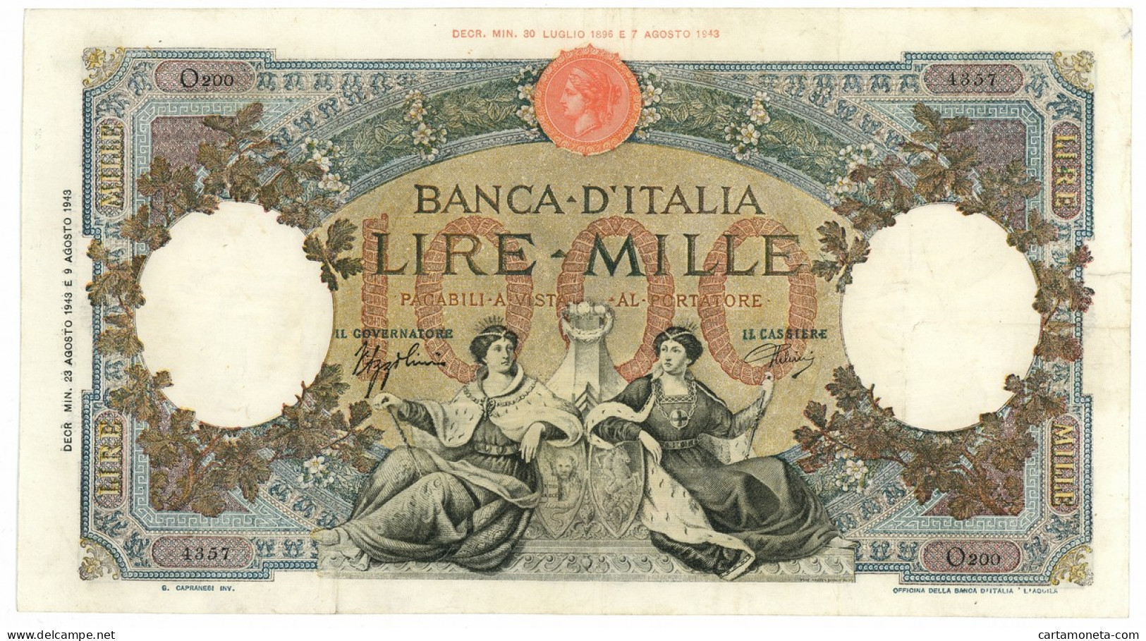 1000 LIRE CAPRANESI REPUBBLICHE MARINARE RETRO BI 23/08/1943 BB/BB+ - Regno D'Italia – Autres