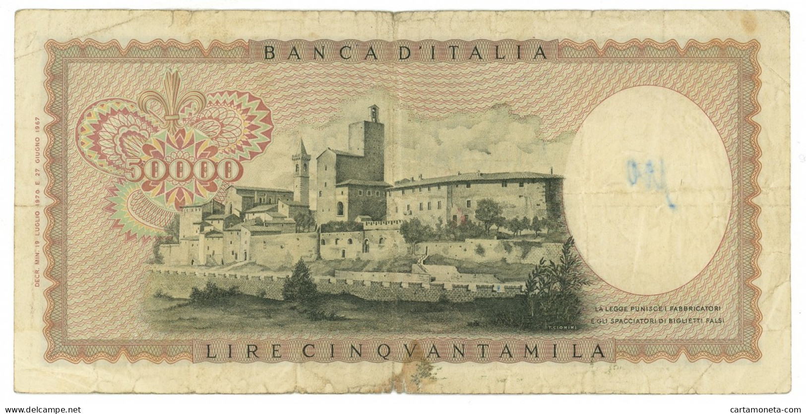 50000 LIRE BANCA D'ITALIA LEONARDO DA VINCI SENZA FIBRILLE 19/07/1970 QBB - Otros & Sin Clasificación