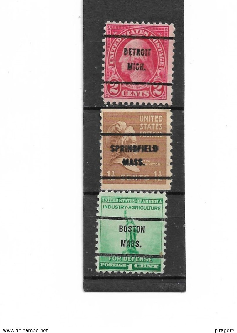 Etats-unis D'Amérique  Préoblitérés ,   3 Timbres Neufs ( Boston Mass - Springfield Mass - Detroit Mich.  ) - Vorausentwertungen