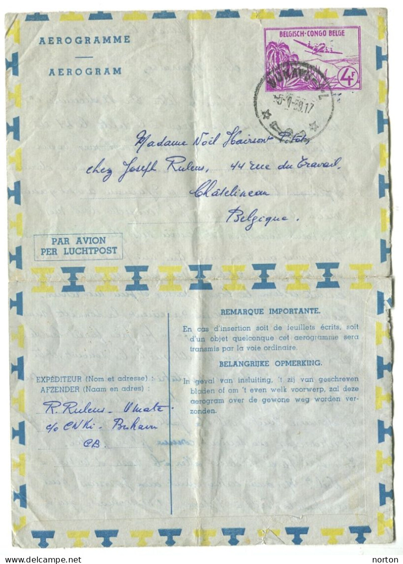 Congo Bukavu 1 Oblit. Keach 10(-L) Sur Aérogramme Vers Châtelineau Le 05/01/1959 - Lettres & Documents