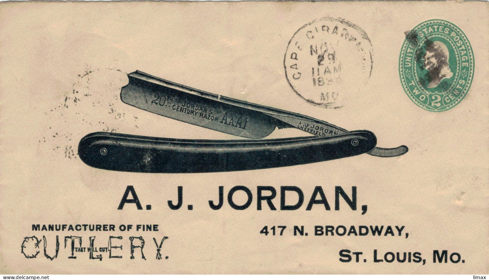 BVS Ganzsache > A. J. Jordan St. Louis - Rasiermesser Cutlery - ...-1900