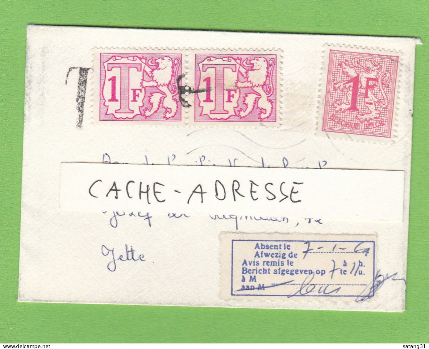 LETTRE FORMAT CARTE DE VISITE POUR JETTE, TAXEE A L'ARRIVEE A 2 FRANCS,STICKERS "AVIS REMIS...",1969. - Briefe U. Dokumente