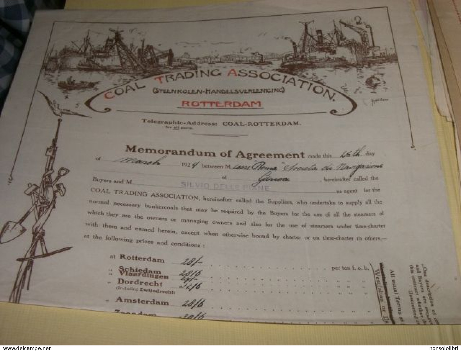 DOCUMENTO 1924 MEMORANDUM OF AGREEMENT COAL TRADING ASSOCIATION - Historische Documenten