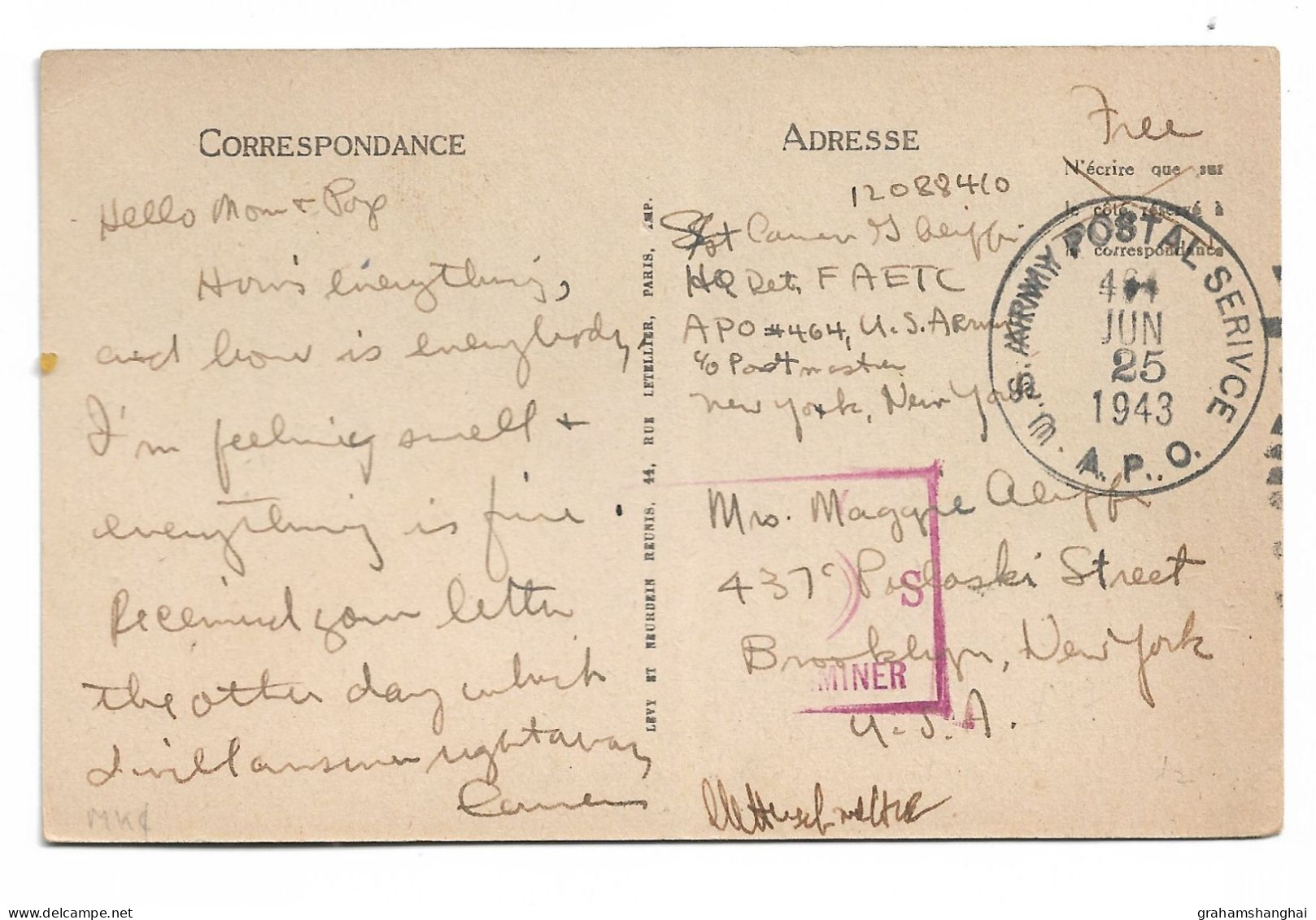 Postcard WW2 North Africa US Army Post Office APO 464 Fifth Army Tunisia ? Posted June 1943 Aliffi Family New York USA - Guerra 1939-45