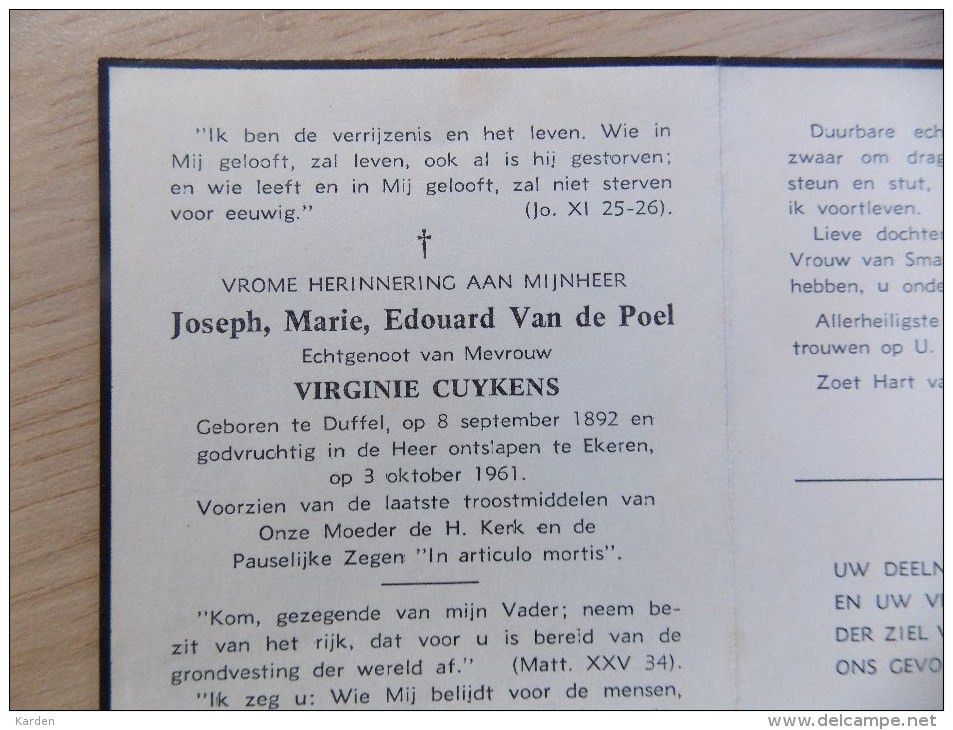 Doodsprentje Joseph Marie Edouard Van De Poel Duffel 8/9/1892 Ekeren 3/10/1961 ( Virginie Cuykens ) - Religion & Esotérisme