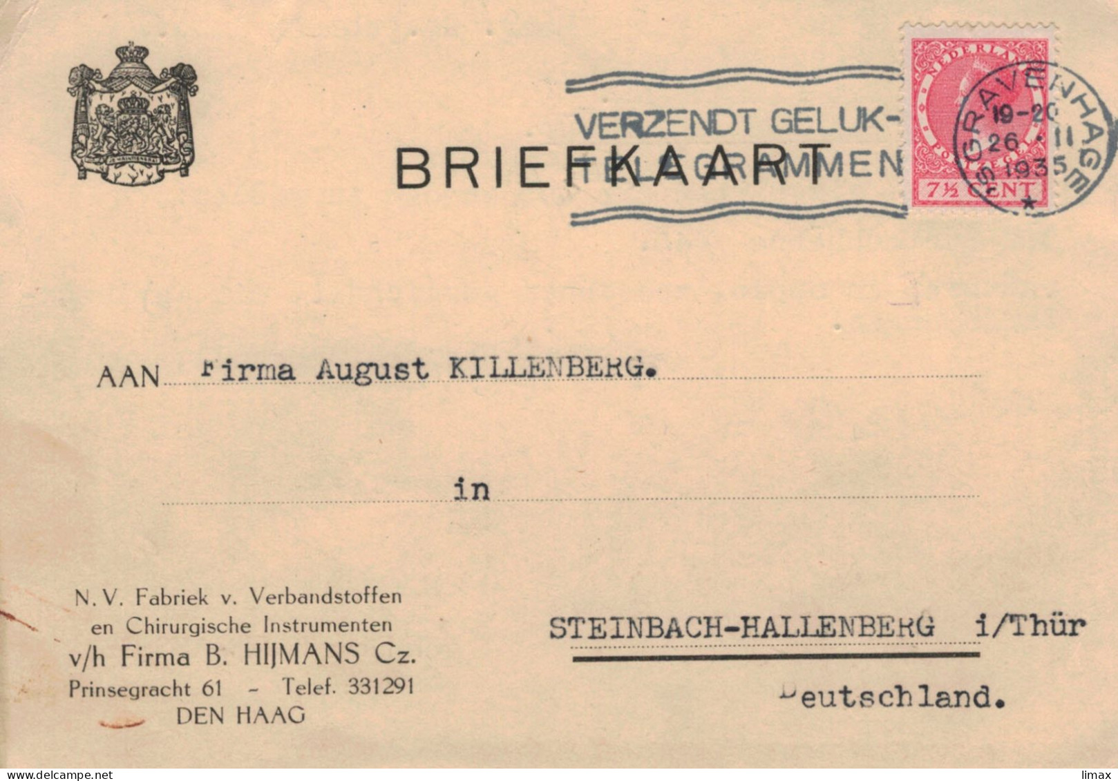 Hijmans Verbandstoffe & Chirurg. Instrumente S'Gravenhage 1935 > Killenberg - Bestellung Quetschhähne - Brieven En Documenten