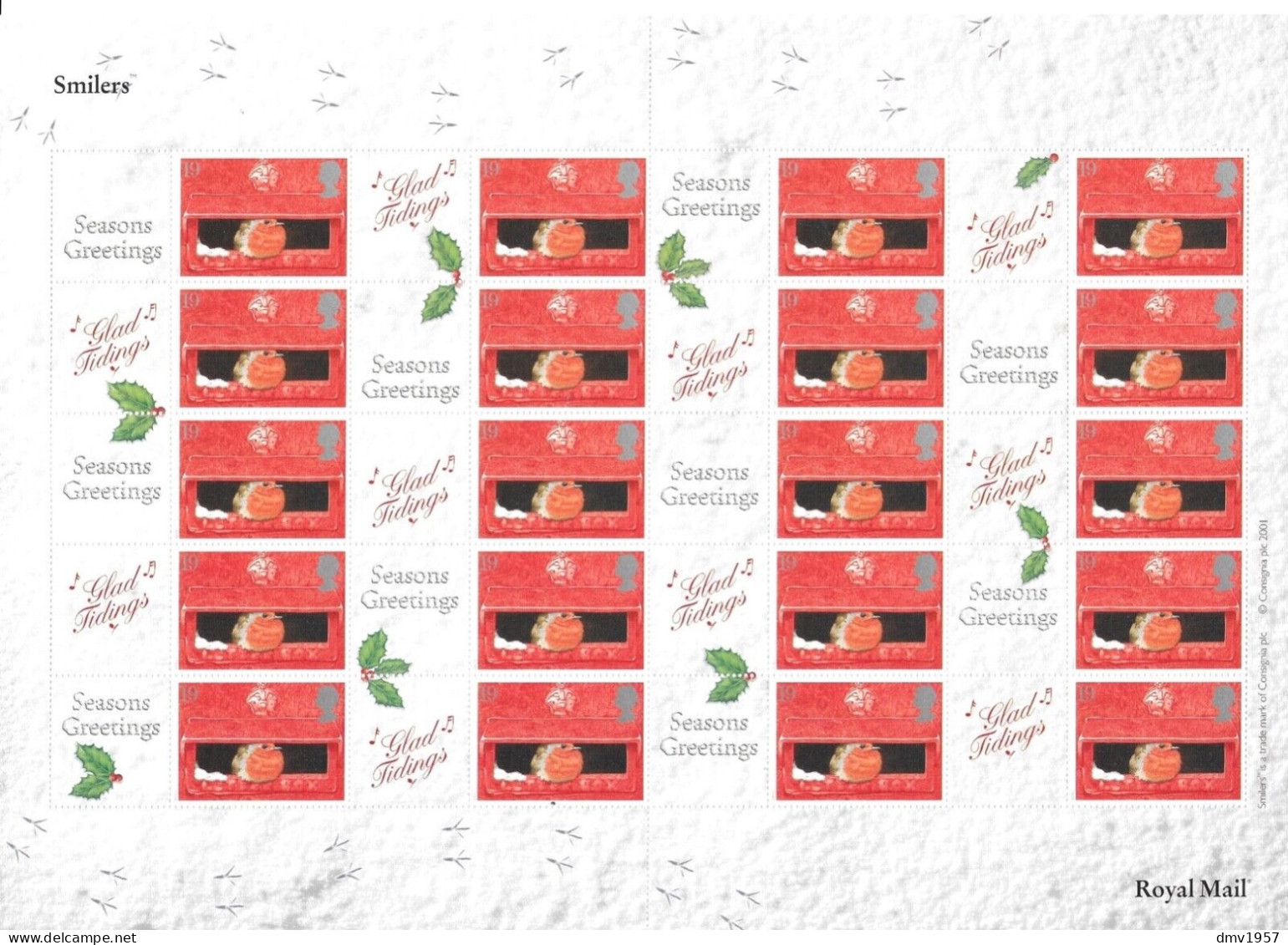 Great Britain 2001 MNH Christmas Robins (19p X 20) Consignia Smiler Sheet LS2A Cat £600 - Feuilles, Planches  Et Multiples