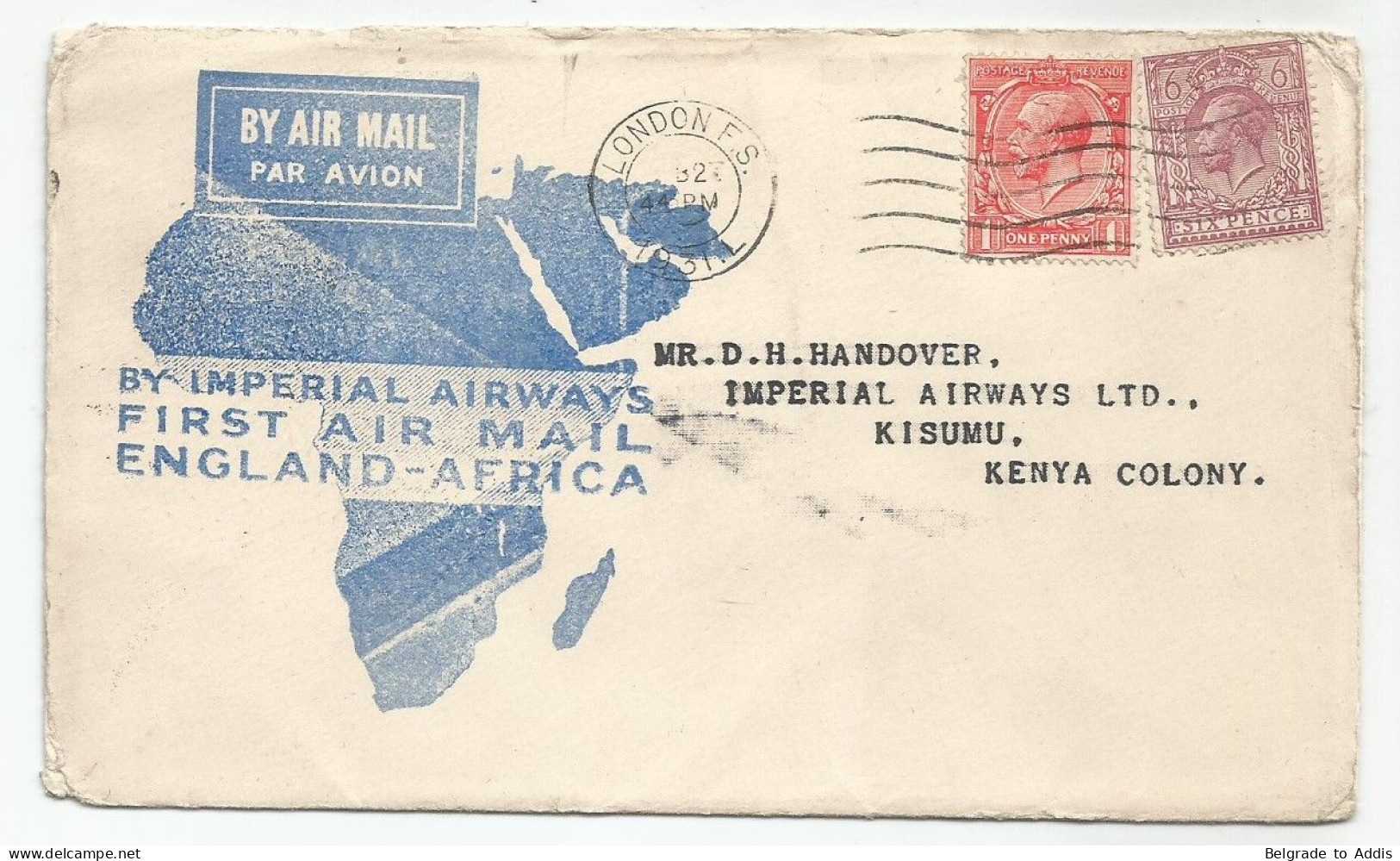 Great Britain Cover First Air Mail England - Africa Imperial Airways Kenya Kisumu 1931 - Lettres & Documents