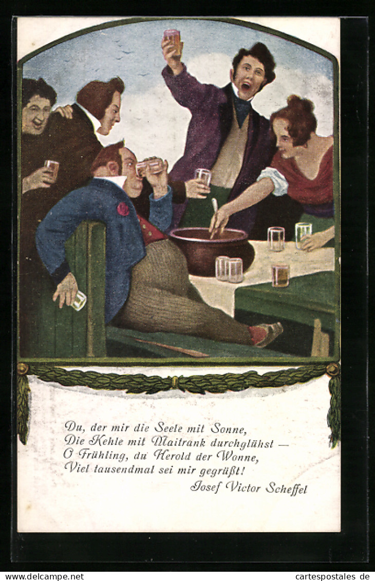 Künstler-AK Ludwig Von Zumbusch: Maibowle, Feiernde Gesellschaft Und Gedicht Von Josef Victor Scheffel  - Zumbusch, Ludwig V.
