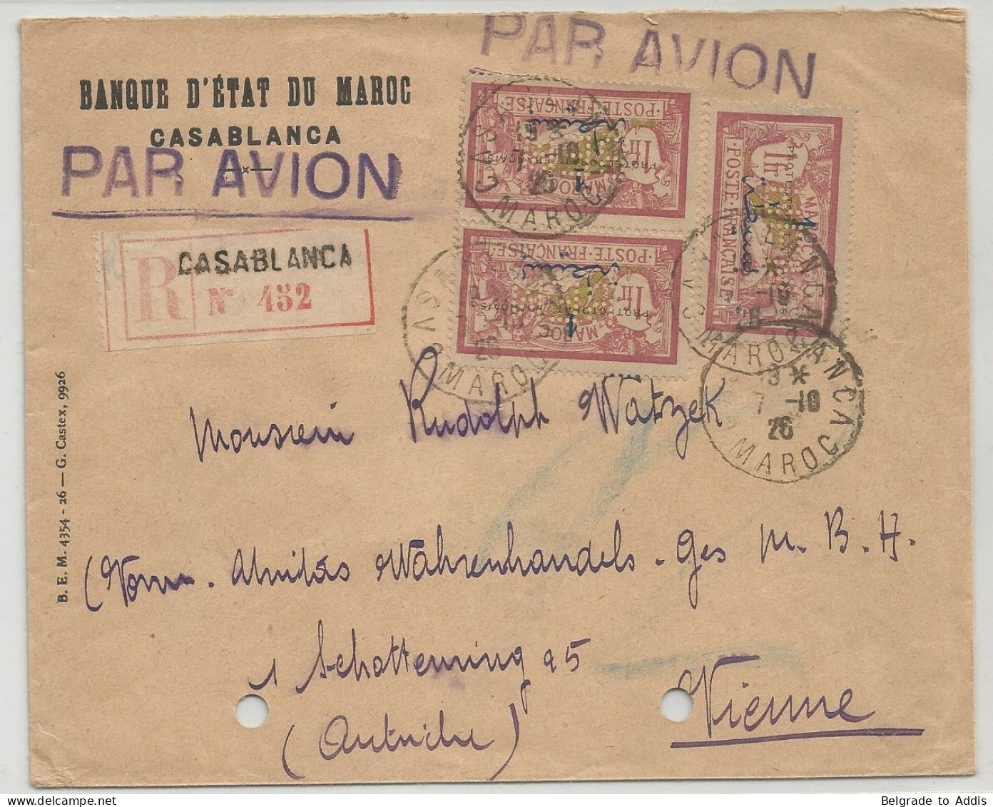 Maroc Lettre Par Avion Vers Autriche Timbres Perforés Perfins BEM 1926 Banque D'état Du Maroc - Luftpost