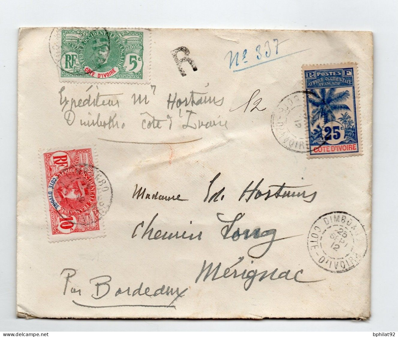 !!! COTE D'IVOIRE, LETTRE RECO DE DIMBOKRO POUR BORDEAUX DE 1912 AFFRANCH TRICOLORE EMISSION PALMIER - Covers & Documents