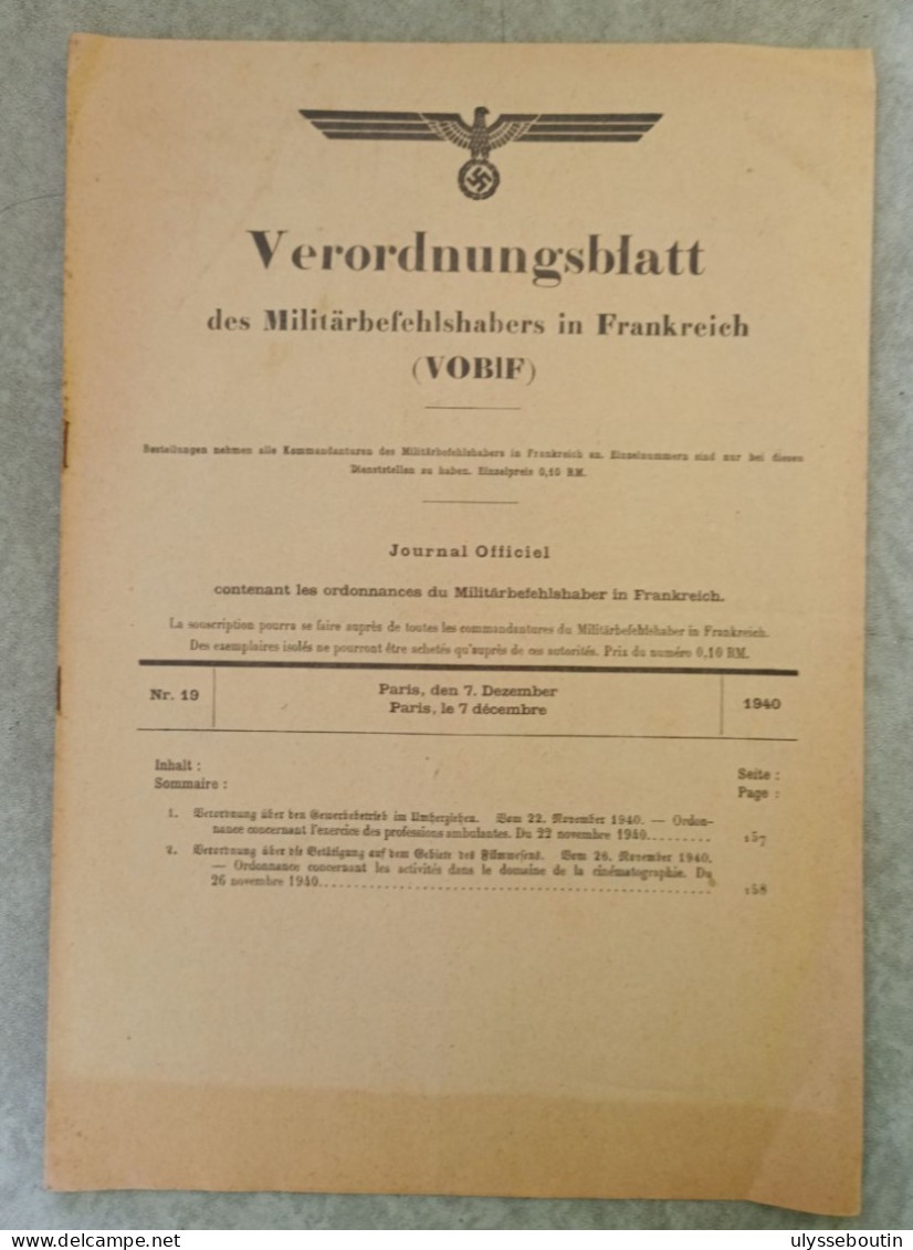 39/45 Verordnungsblatt Des Militärsbefehlshaber In Frankreich / Jo Des Ordonnances Du Commandant Militaire En France 194 - Dokumente