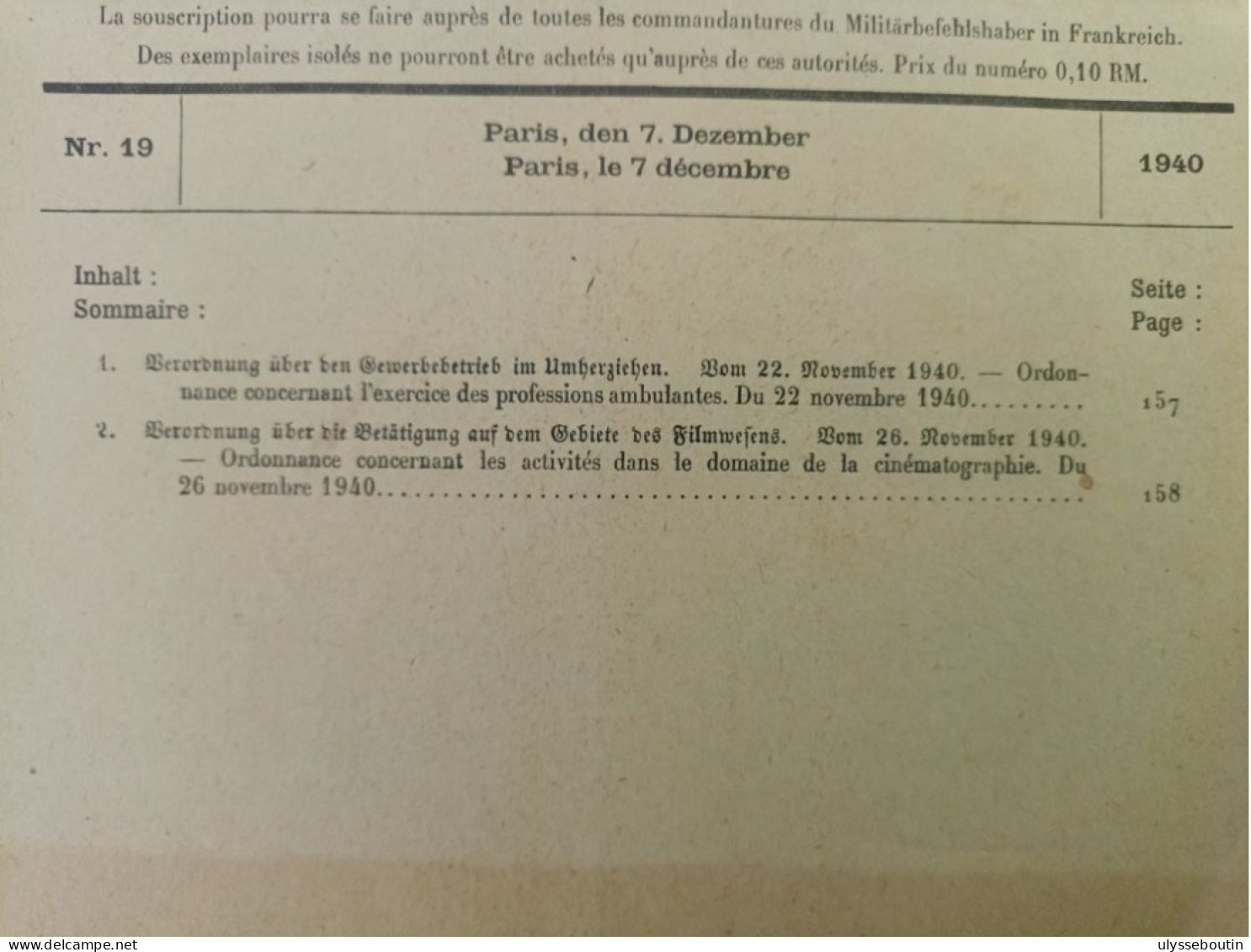 39/45 Verordnungsblatt Des Militärsbefehlshaber In Frankreich / Jo Des Ordonnances Du Commandant Militaire En France 194 - Documenti