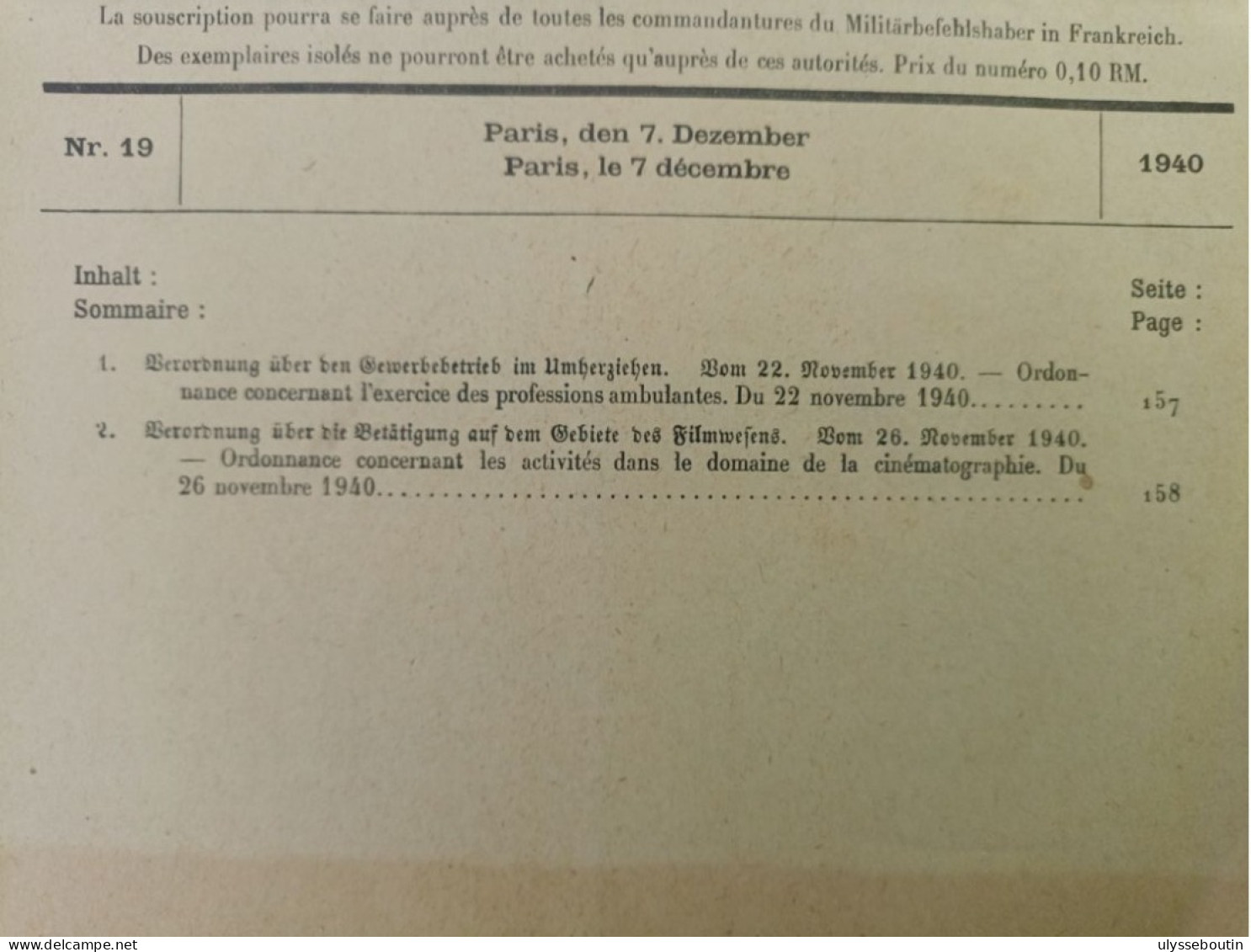 39/45 Verordnungsblatt Des Militärsbefehlshaber In Frankreich / Jo Des Ordonnances Du Commandant Militaire En France 194 - Dokumente