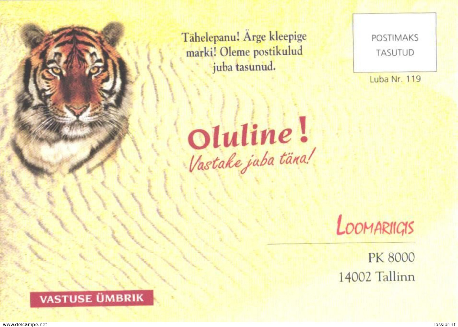 Estonia:Cover With Postal Fee Paid Nr. 119, Tiger,  Animal Kingdom Answer Envelope - Estonia