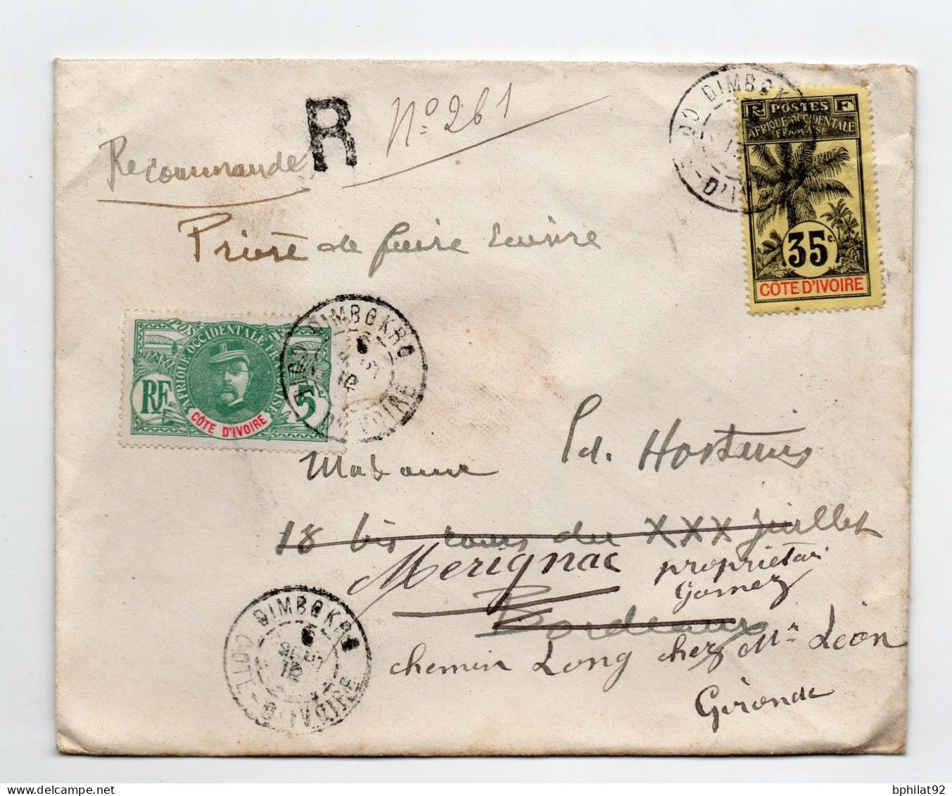 !!! COTE D'IVOIRE, LETTRE RECOMMANDEE DE DIMBOKRO POUR BORDEAUX DE 1912 AFFRANCH EMISSION PALMIER - Lettres & Documents