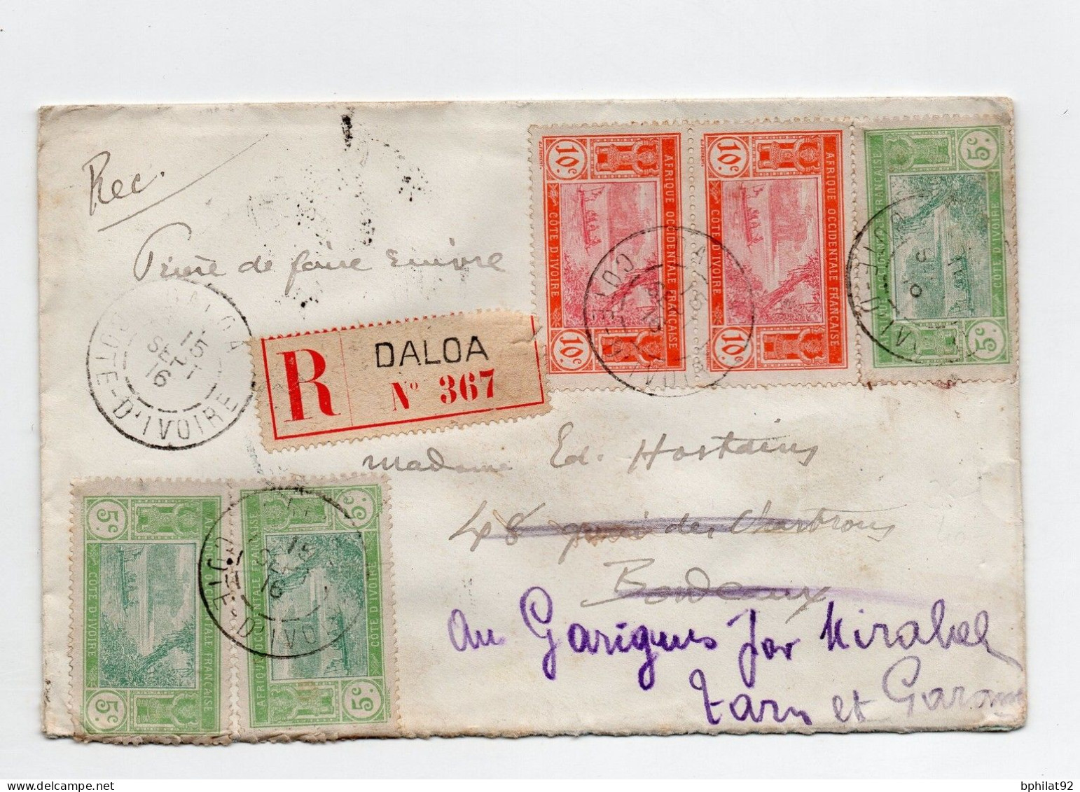 !!! COTE D'IVOIRE, LETTRE RECOMMANDEE DE DALOA POUR BORDEAUX DE 1916 - Storia Postale