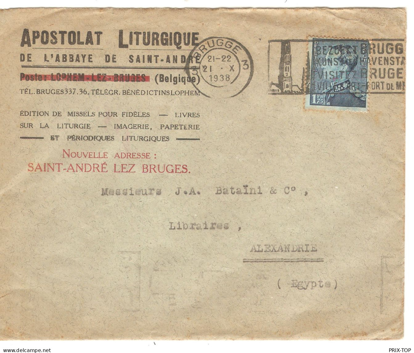 TP 430 S/L. Apostolat Liturgique Abbaye St.André Lophem Obl. Brugge 21/10/1938 + Flamme > Alexandrie Egypte C. D'arrivée - Storia Postale