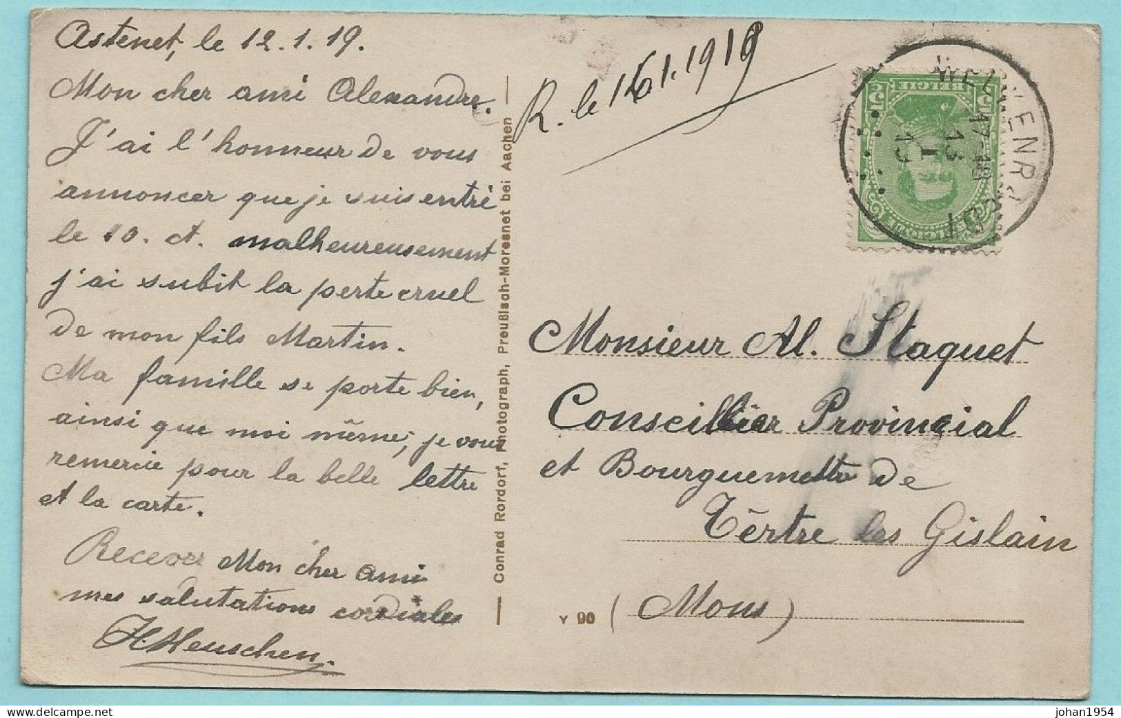 N°138 Op Postkaart Rittergut Eyneburg, Afst. HERGENRATH 13/01/1919 -- CANTONS DE L'EST / OOSTKANTONS - 1915-1920 Albert I