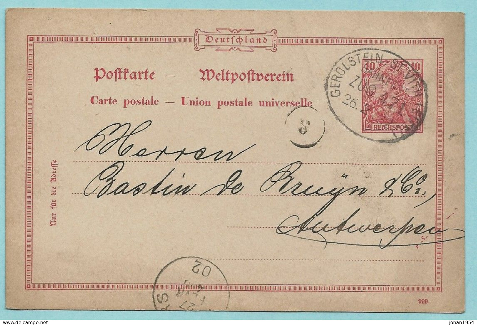 Postkarte, BAHNPOST GEROLSTEIN - ST VITH (EIFEL) ZUG 471 26/02/1902 - Postkarten