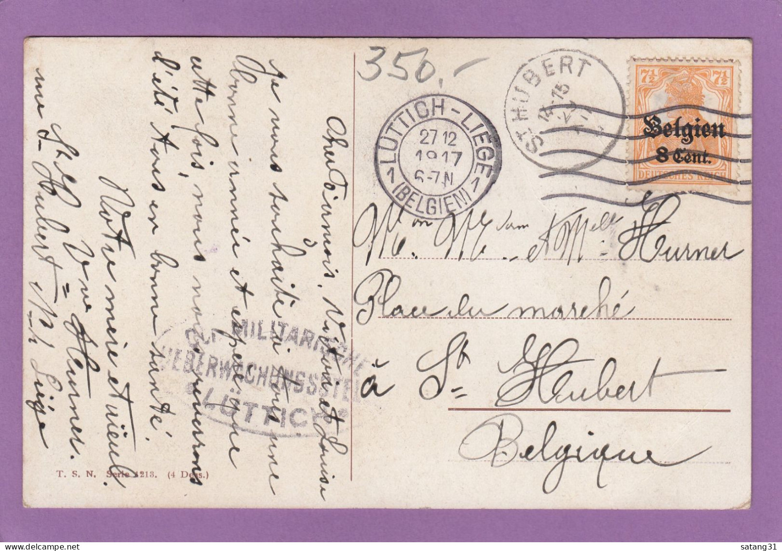 CARTE POSTALE DE LIEGE POUR ST. HUBERT,CACHET DE CENSURE ALLEMAND,1917. - OC1/25 Governo Generale