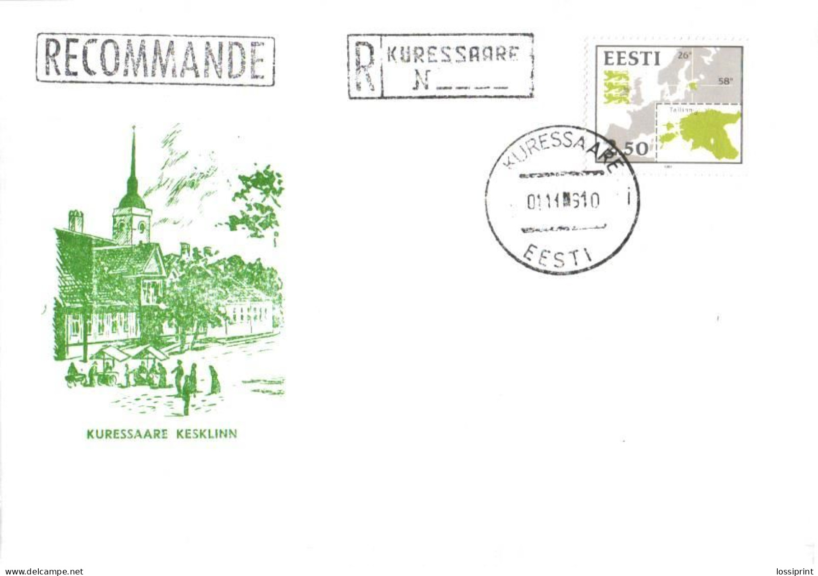 Estonia:FDC, Land Map Stamp With Kuressaare Registered Cancellation And Recommande Stamp, 1991 - Estonia