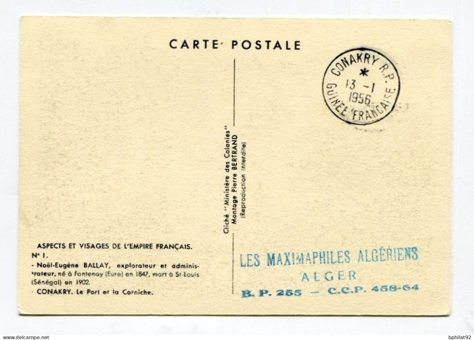 !!! AOF CARTE MAXIMUM GOUVERNEUR BALLAY CACHET DE KONAKRY DU 13/1/1956 - Covers & Documents