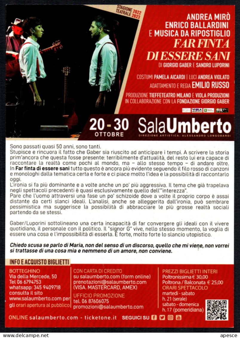 THEATRE - ITALIA 2022 - ROMA SALA UMBERTO - FAR FINTA DI ESSERE SANI DI GIORGIO GABER - ANDREA MIRO' - PROMOCARD - I - Theater