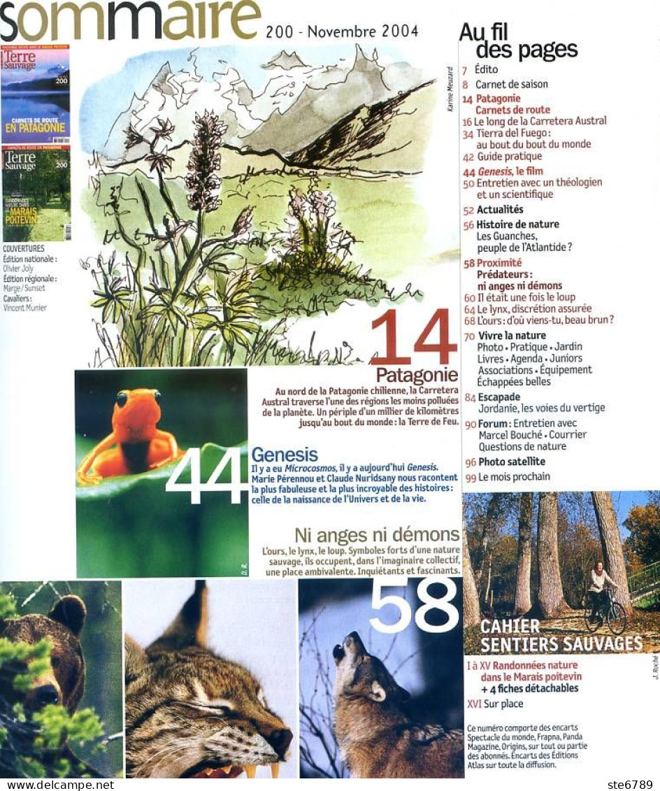 TERRE SAUVAGE N° 200 Patagonie , Ours Lynx Loup  , Genesis ,  Sentiers Sauvages Marais Poitevin - Géographie