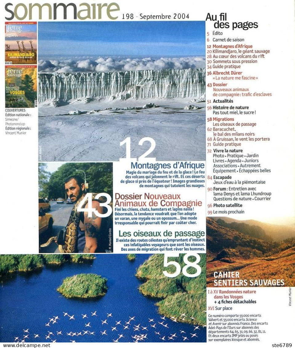 TERRE SAUVAGE N° 198 Animaux Compagnie , Oiseaux Migrations , Montagnes Afrique , Sentiers Sauvages Vosges - Geographie