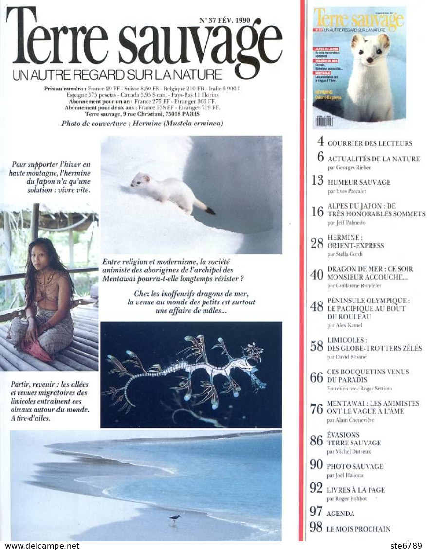 TERRE SAUVAGE N° 37 Animaux  Hermine , Limicoles , Bouquetins , Dragon De Mer Géographie Indonésie Mentawai  Animistes - Tierwelt