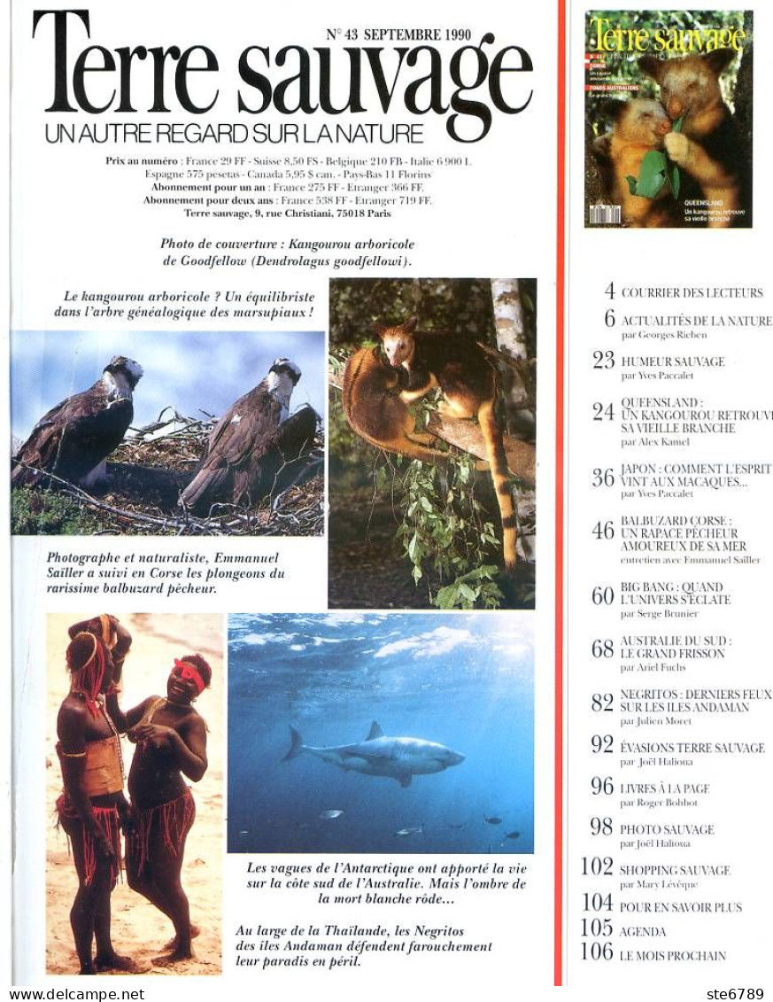 TERRE SAUVAGE N° 43 Animaux Kangourou , Macaques , Balbuzard Corse Géographie  Negritos Des Andamans - Animals