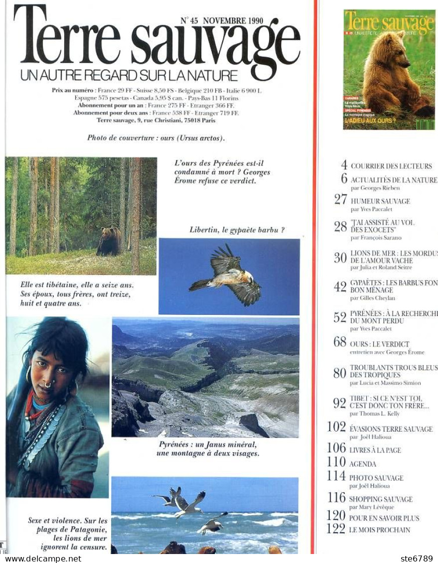 TERRE SAUVAGE N° 45 Animaux Ours , Lions De Mer ,Gypaete Barbu Géographie Népal , Bahamas , Pyrénées - Animals