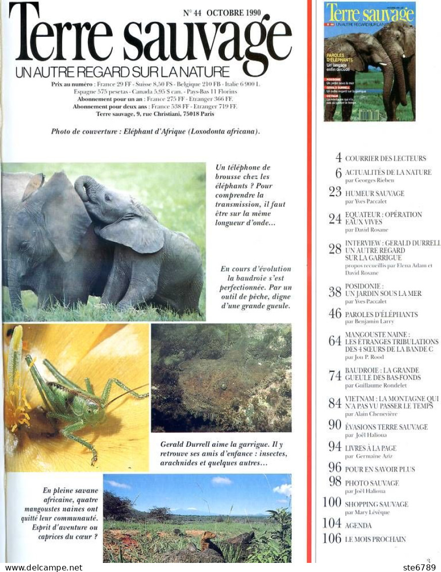 TERRE SAUVAGE N° 44 Animaux Elephants Mangouste Naine Baudroie Garrigue Géographie  Vietnam  Posidonie - Animaux