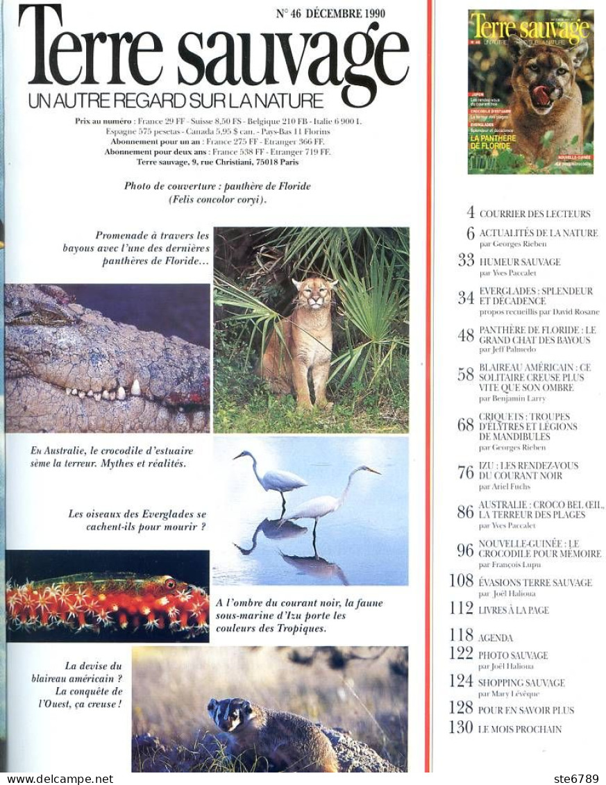 TERRE SAUVAGE N° 46 Animaux Panthère , Crocodiles , Criquets , Blaireau Géographie Nouvelle Guinée , Izu - Animals